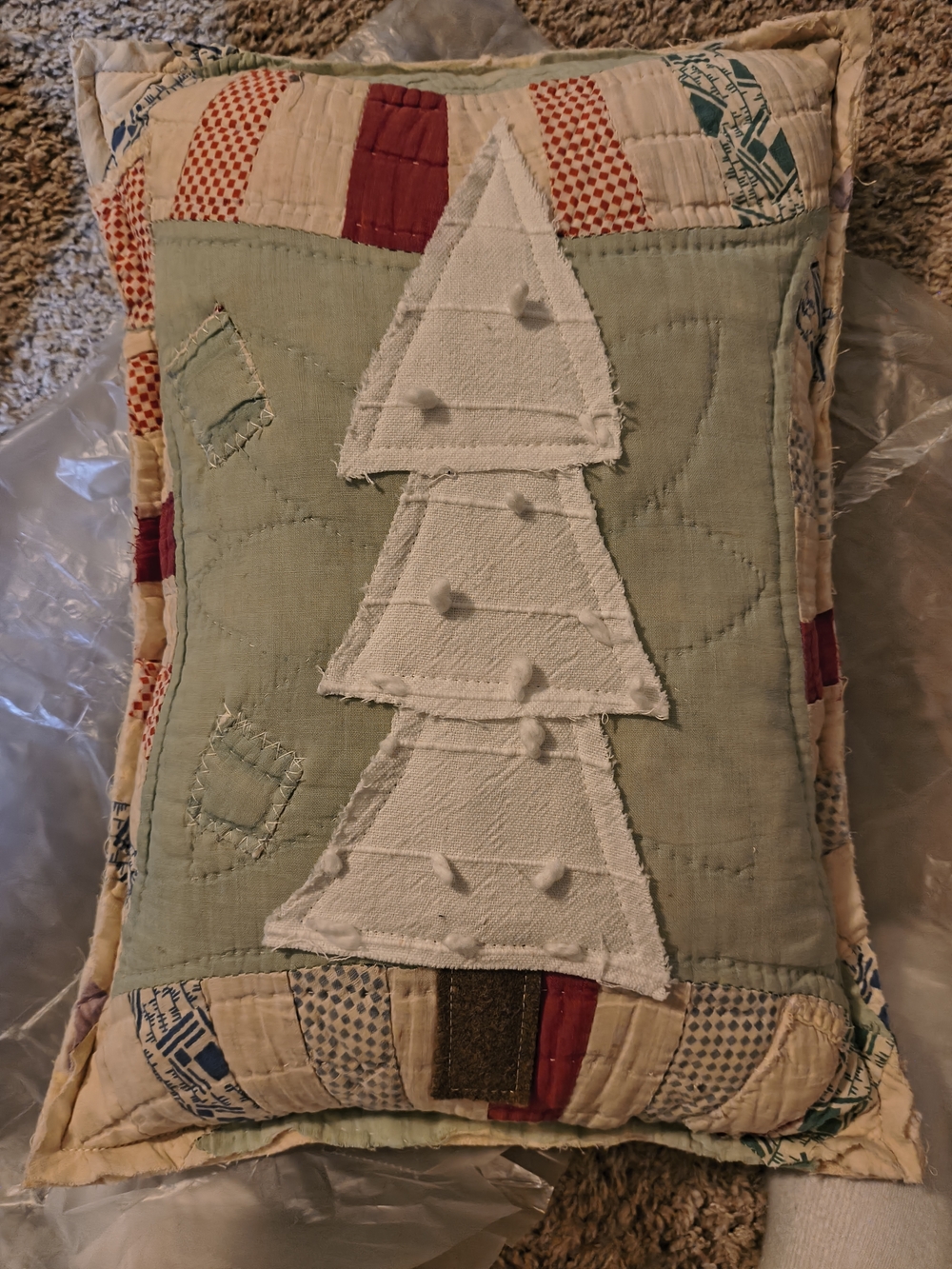 Handmade Holiday Tree Patchwork Pillow - White Tree on Sage